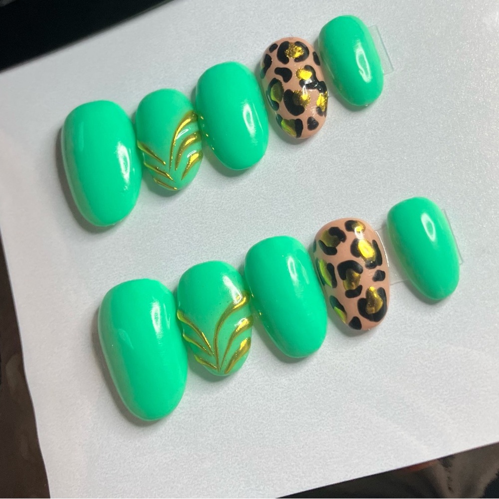 Mint Green Press-On Nails with Gold Accents & Leopard Accent
